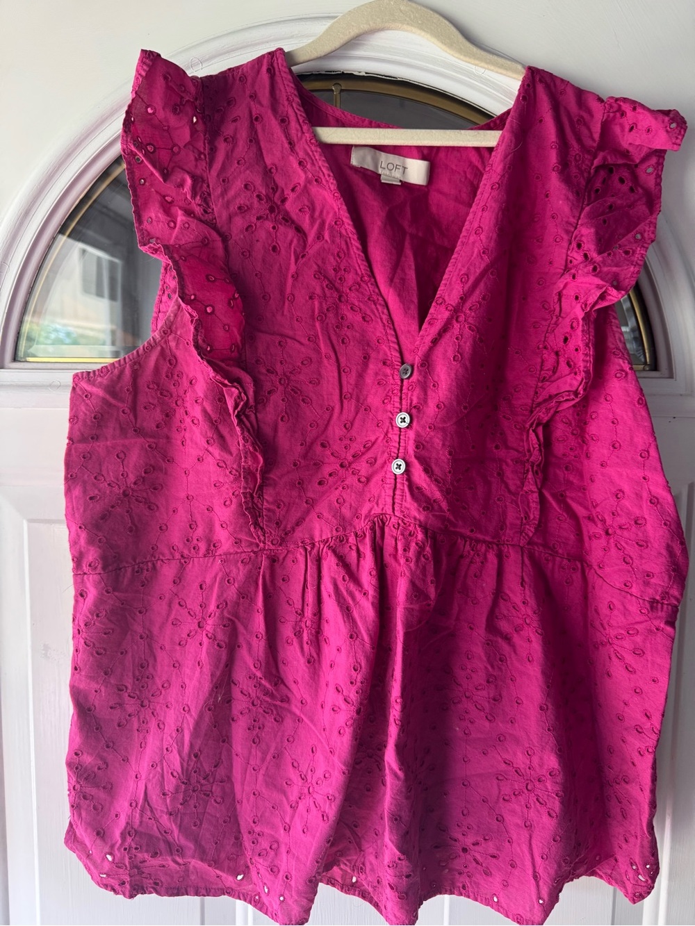 LOFT Bright Fuchsia Eyelet Ruffle Sleeveless Blouse